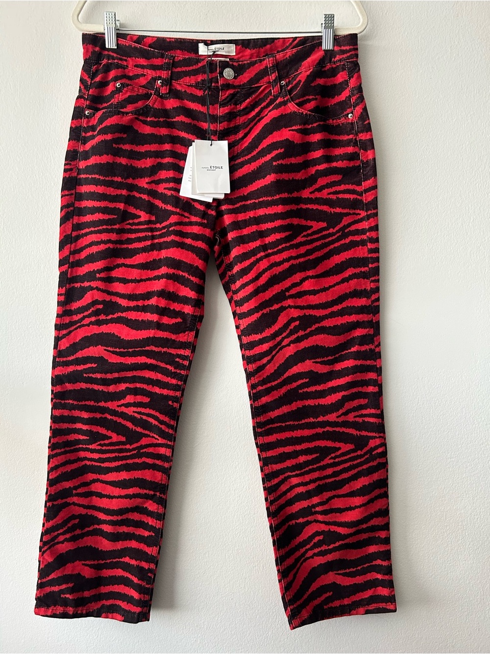 NWT Etoile Isabel Marant Corduroy Cropped Straight Pants Animal Red Black print